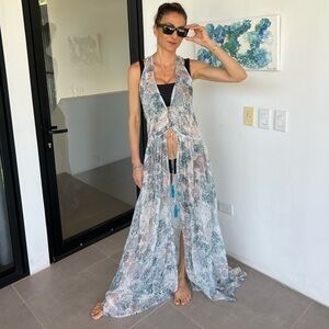 Sinesia Karol Luxury Floral V-neck Sleeveless Maxi Dress/Coverup Blue Sz M